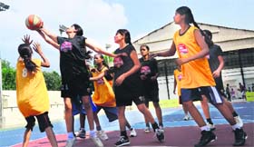 Players in action during the Third Mahindra NBA Challenge Basketball League in Ludhiana on Sunday