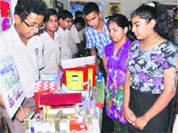 A student describes a model prepared by him during an exhibition held at Hansraj Public School in Sector 6, Panchkula, on Monday.