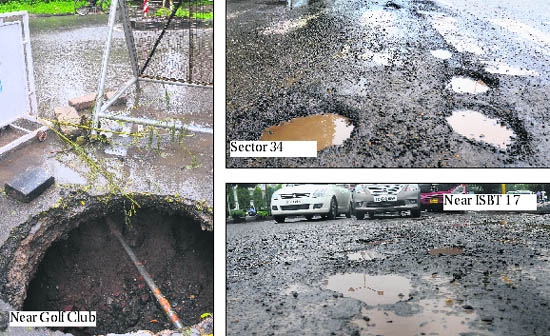 A portion of the caved-in road whereas others have developed several potholes.