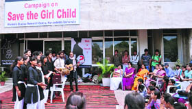 Artistes of the Jan Natya Manch enact a nukkad natak, Ek Nai Shuruaat, at the state-level campaign Save the Girl Child at Kurukshetra University.