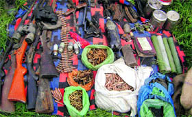 A cache of arms and ammunition recovered by the Army from a hideout in Banihal on Sunday.