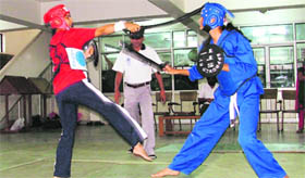 Players in action during the Ludhiana District Inter-school Sqay Martial Arts Championship at Kitchlu Nagar in Ludhiana on Monday.