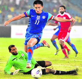 Skipper Sunil Chetri in action during the teams win over Maldives in New Delhi on Saturday