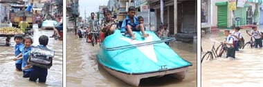 (From left) Children wade through knee-deep water on a street in Paras Ram Nagar on Wednesday; former MC Vijay Kumar helps children reach home on a boat that he plied on the waterlogged road; kids with bicycles on an inundated road