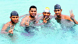 Swimmers of DAV College, Sector 10, make a new meet record during the Panjab University College Swimming Championship in Chandigarh on Tuesday