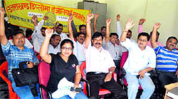 Uttarakhand Diploma Engineers' Mahasangh members hold a protest in Haridwar on Tuesday