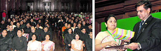 The passing-out Indian Forest Service probationers in Dehradun on Tuesday; and (right) Additional Director General, Union Environment and Forests Ministry, AK Bansal, gives away the diploma and a memento to a probationer