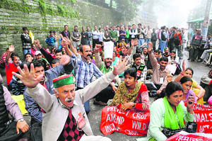Activists of the Himachal Kisan Sabha raise slogans in Shimla on Tuesday.