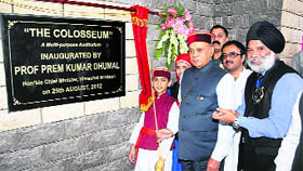 Chief Minister Prem Kumar Dhumal inaugurates a multipurpose auditorium at Pinegrove School, Dharampur.