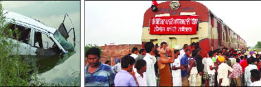 The car that was hit by DMU lies in a pond; and (right) irate villagers block the rail traffic near the unmanned railway crossing at Mouwal village in Nakodar on Tuesday. 