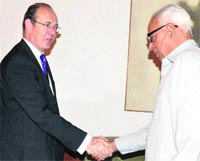 British High Commissioner in India Sir James Bevan shakes hands with Governor NN Vohra during their meeting in Srinagar on Tuesday. A Tribune photograph