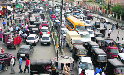 Heavy traffic was witnessed near Jehangir Chowk in Srinagar on Tuesday. 