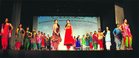 Students take part in a modelling contest during a freshers party at Guru Nanak Girls College, Model Town, Ludhiana, on Tuesday.