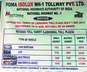 A chart showing revised toll rates at the Ladhowal toll plaza.
