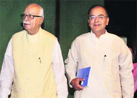 Senior leaders LK Advani and Arun Jaitley arrive at the BJP Parliamentary Party meeting in New Delhi on Tuesday