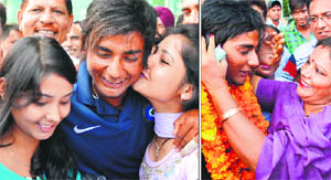 Kamal Passi being greeted by his sisters; and (right) his mother after arriving at Sri Guru Ramdas Jee International Airport in Amritsar on Wednesday. 