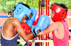Boxers in action during the Pandit Mohanlal Memorial Boxing Championship organised at SD Public School in Sector 32, Chandigarh, on Wednesday.