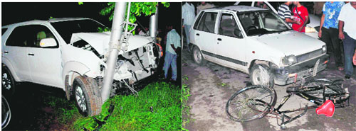 The Toyota Fortuner that hit a car, moped, cycle and an ice-cream vendor before ramming into an electricity pole near Sectors 33 and 34 in Chandigarh on Wednesday night. 