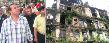 MDDA Vice-Chairman Meenakshi Sundaram inspects the Kohinoor building (right) at Landour Bazaar in Mussoorie on Wednesday. 