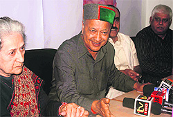 Virbhadra Singh addresses mediapersons at the Congress office in Shimla on Wednesday