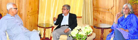 Former interlocutors Dileep Padgaonkar and Radha Kumar during their meeting with Governor N N Vohra in Srinagar on Wednesday