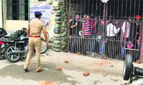 Students locked up inside the GGN Khalsa College premises for questioning after the clash in Ludhiana on Wednesday