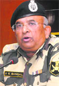 BSF Director-General UK Bansal addresses the media in Jalandhar on Wednesday. 