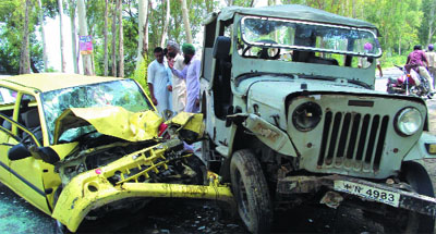 The damaged car and jeep following a head-on collision on the Ferozepur-Moga highway near Talwandi Bhai. Five persons including a woman were injured in the accident.