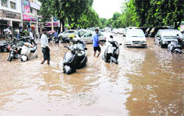 A waterlogged parking lot at Sector 19 in Chandigarh on Thursday. 