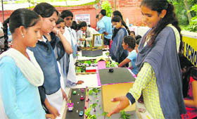 Students display their models in a science exhibition organised at Sirsa.