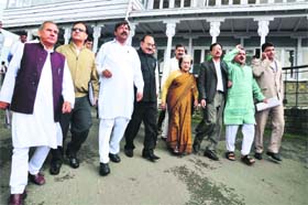 Leader of the Opposition Vidya Stokes with other MLAs on the last day of the monsoon session in Shimla on Thursday