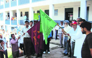 Ramban MLA Ashok Kumar flags off a trekking rally at Batote on Thursday. 