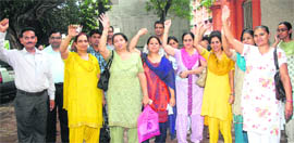 Teachers protest against the governments rationalisation policy at Nehru Garden Senior Secondary School in Jalandhar on Thursday.