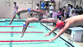 Students take part in Sahodaya Independent School Swimming competition organised in Jalandhar on Thursday.