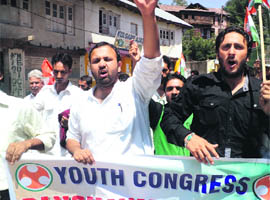 Youth Congress activists during a protest in Kulgam. 