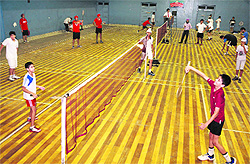Players in action during the Sahodaya Inter-School Badminton Tournament for boys (U-19) at BCM Arya School in Ludhiana on Thursday