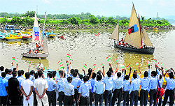 NCC naval unit, Chandigarh, participate in a sailing expedition which was flagged off from the Sukhna Lake on Friday