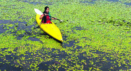 A Kashmiri girl rows a kayak amidst aquatic plants in the Dal Lake in Srinagar