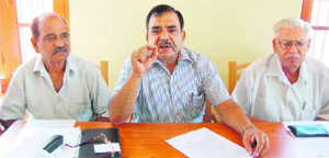 Members of the Shri Amarnath Yatra Sangarsh Samiti at a press conference in Jammu on Friday. 
