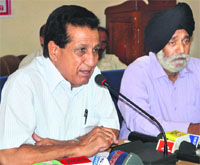 Minister for Youth Services RS Chib addresses mediapersons in Srinagar on Friday.