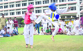Players in action during a kickboxing match in Ludhiana on Friday. 