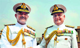 New Navy Chief Admiral DK Joshi (L) with his predecessor Admiral Nirmal Verma during the taking-over ceremony in New Delhi on Friday.