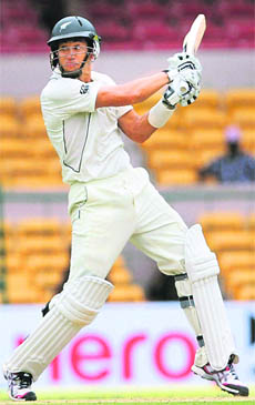 New Zealand skipper Ross Taylor hits out during his innings of 113 on the first day of the second Test in Bangalore on Friday. 