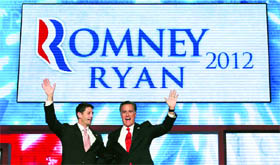 Republican presidential nominee Mitt Romney (R) with vice-presidential running mate Paul Ryan after accepting the nomination in Tampa.