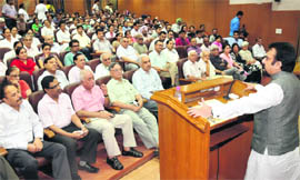 Astrologer P Khurrana speaks on 'Astrology, dharma and medical science' at the PGI on Saturday. 