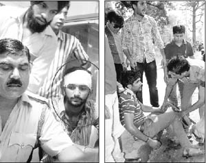 Injured Panjab University Students Union supporter Manpreet (encircled); and (right) Ashok, one of the assailants, nabbed by the police after he was injured on being hit by a motorcycle in Chandigarh on Saturday.