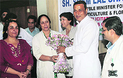 Health Minister Sham Lal Sharma being felicitated by doctors at a function at Government Hospital in Jammu on Saturday
