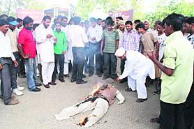 Private garbage collectors burn an effigy of Chief Minister Parkash Singh Badal in Ludhiana on Saturday. 