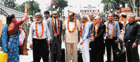 A delegation of Senators from Pakistan crossing over to India through Wagah border on Saturday.