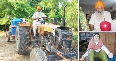 (Clockwise from above) Gurcharan Mann uses a 1988 model tractor on his farm; rotten vegetables that are used at his farm to make decorative pieces; a statue made as part of bid to promote Punjabs heritage